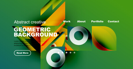 Modern website mockup displays vibrant geometric design. Green dominates with orange accents, text elements present. Clean layout, simple navigation.