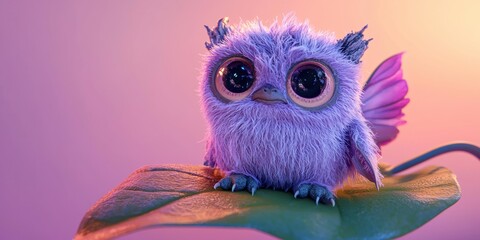 A purple furry creature with large eyes sits on a large green leaf. It has small pink wings on its side. AI.