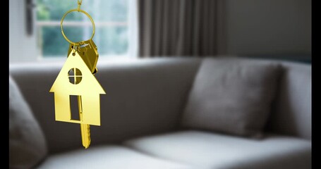 Wall Mural - animation of golden key and house over empty house interior