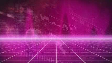 Wall Mural - animation of neon lines over data processing on purple background