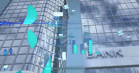 Wall Mural - animation of statistics with data processing over bank building