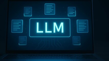 LLM, AI large language model. LLM laptop screen neon blue glow code data interface network modern ai workspace laptop screen shows LLM interface with neon glow, central panel, floating document icons