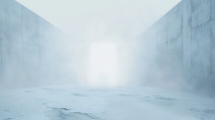 Canvas Print - Mysterious light at the end of the foggy corridor abandoned space digital art ethereal atmosphere narrow perspective intriguing concept