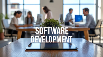 Software development team collaborating in modern office with tablet and text overlay