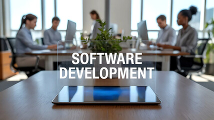 Software development team collaborating in modern office with tablet showcasing innovative concepts