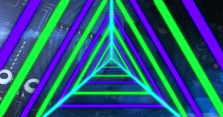 Wall Mural - animation of neon shapes over data processing and servers on black background