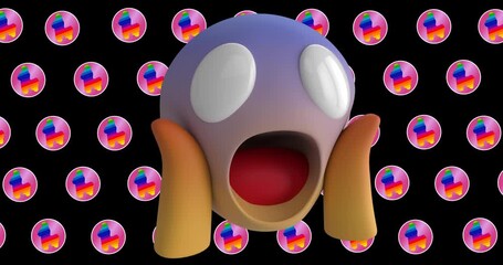 Wall Mural - animation of shocked scream emoji over colourful toy icons repeated on black background