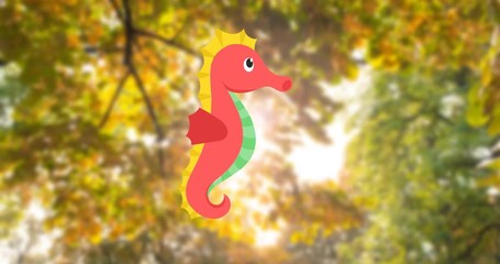 Wall Mural - animation of seahorse icon over trees in forest