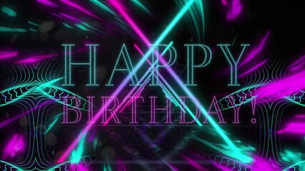 Wall Mural - animation of happy birthday text over shapes on black background