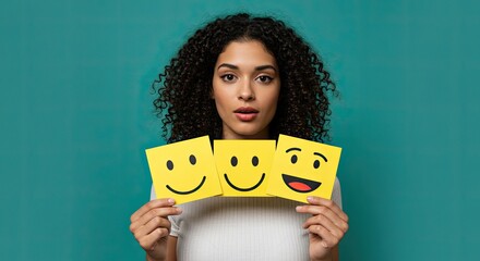 Woman confidently displays diverse emotional expressions using bright yellow smiley face cards, representing happiness and feelings.