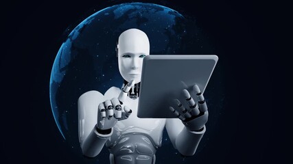 Wall Mural - robot hominoid using tablet computer for global network connection using ai thinking brain , artific