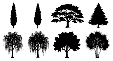 Vector art of silhouette of various trees for your creative designs for POD