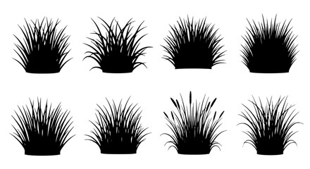 Vector art of set of eight grass silhouettes, natural field and lawn for POD