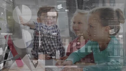 Wall Mural - animation of data processing over caucasian children smiling