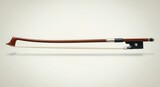 Violin Bow with Dark Wood Stick and Silver Metal Fittings on Light Background musical instrument string instrument