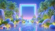 © Xianshu - Neon-lit square frame in a futuristic tropical scene with water and plants