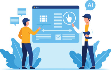 Wall Mural - two men discuss project on screen with ai. teamwork, artificial intelligence, collaboration, busines