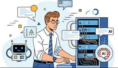 Wall Mural - Man uses AI on server, connected to robot. Artificial intelligence, machine learning, automation, technology, networking, data, connection, future, server room.