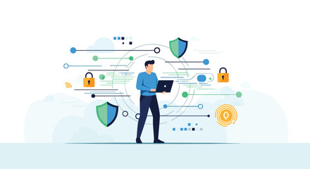 Man uses laptop amidst data security elements. Cybersecurity, data privacy, network protection, technology, encryption, secure access, online safety, digital defense