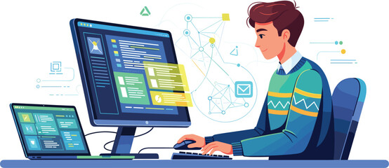 Man coding on desktop and laptop. Software development, programmer, computer, digital, technology, cyberspace, workstation, modern, coding, interface, connection