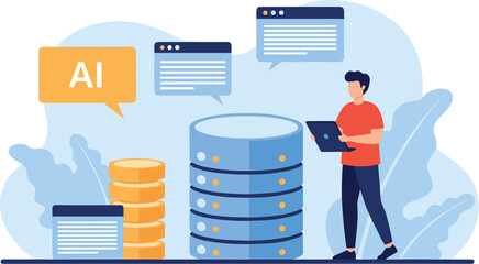 Wall Mural - AI expert works on laptop with database, technology background. Artificial intelligence, computing, data, management, learning, automation, storage, server, network.