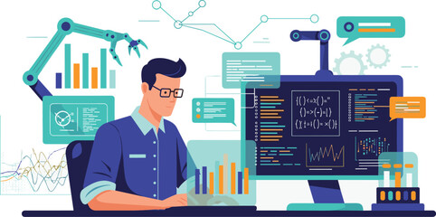 Wall Mural - Analyst monitors code and data on computer. Programming, robot, data analysis, code, information, chart, technology, research, analytics, artificial intelligence