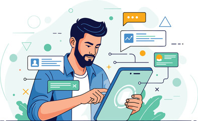 Man interacts with messages on digital tablet. Communication, social media, mobile technology, digital marketing, connectivity, network, business, notification, messages