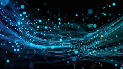 Flowing neon lines and glowing particles on dark blue background, symbolizing fast data transfer and digital networks