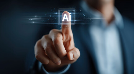 Finger activates glowing AI symbol within high-tech interface display system.