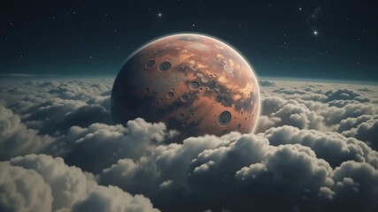 Wall Mural - Cosmic dreamscape featuring a massive, cratered red planet hovering majestically over a soft, endless sea of white clouds