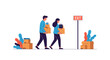 © Rabby - Couple leaving with boxes under exit sign symbolizes change, moving, or new beginnings concept art