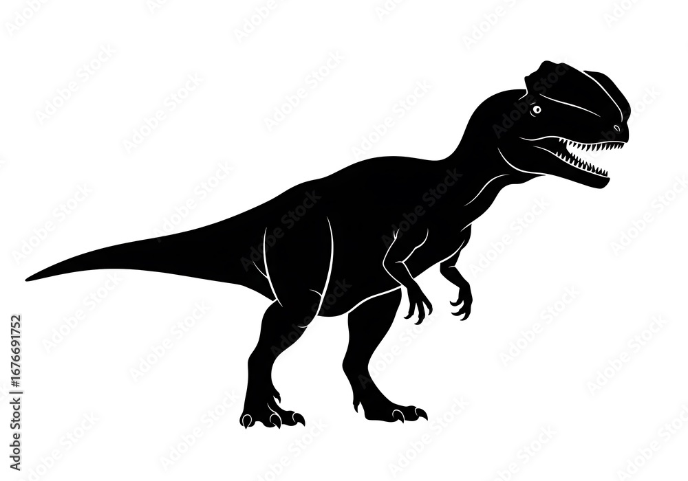 Simple black silhouette icon of a Dilophosaurus dinosaur. This vector ...