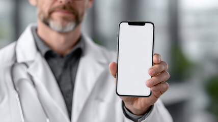 close up of doctor holding smartphone with blank white screen