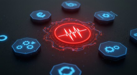 Abstract Technology Display with Glowing Icons in a Dark Tone Background