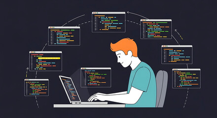 Vector illustration of a young software developer deeply focused, multitasking on a laptop, surrounded by interconnected windows of code