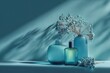 © TDz - Teal-toned still life with perfume bottles and flowers. Soft light casts shadows