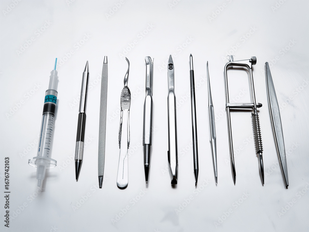 Collection of polished stainless steel medical instruments and syringe ...