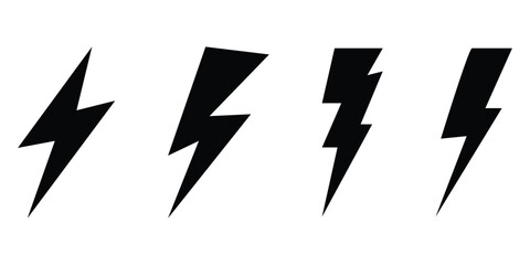  Lightning silhouette set. Black isolated lightning icon on white background. Different shapes vector isolated lightning set. Abstract thunder icon. EPS 10. 