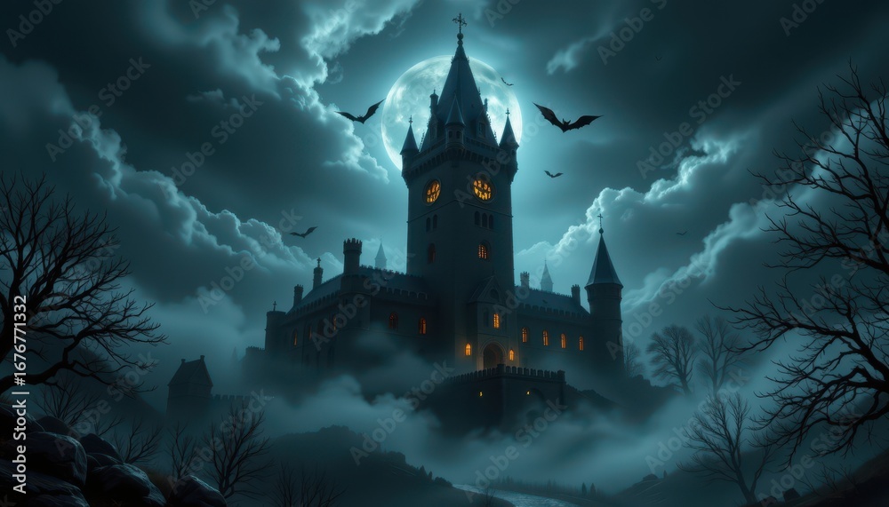 a haunted castle tower covered in swirling mist, jack o lanterns ...