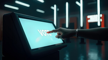 Vote buttons on Presidents Day. Illuminated touchscreen voting machine in modern election setting