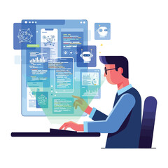 Digital Innovator: A focused developer immersed in the digital world, creating and improving code, the digital landscape is illuminated by code and applications. 