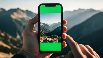 Person using a smartphone to display a scenic mountain view during a sunny day in nature