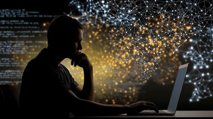 A man is sitting at a desk with a laptop open. data scientist coding at computer with glowing fairness bias graph overlay, ai governance ethics documentary muted