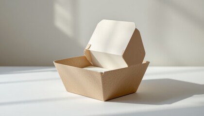 a futuristic sustainable takeaway box dispenser using recycled paper pulp, enhanced by matte natural texture and compostable after use, shown on crisp clean white with minimal shadow.