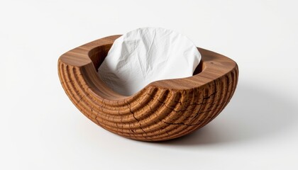 ultra sharp isolated napkin dispenser made of coconut fiber pulp, detailed with shell inspired grooves, offering compostable after use, shown on crisp clean white with minimal shadow.