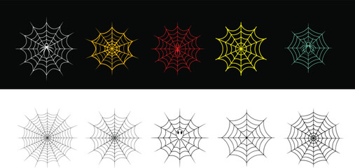 Spider web variations set against diverse backgrounds, showcasing intricate designs and vibrant color palettes for web design