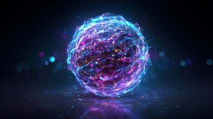 Wall Mural - Neon futuristic 3d sphere of blue and purple glowing digital waves and particles. Future technology concept, Artificial Intelligence, engineering, and science. Abstract energy orb. Data, innovations. 