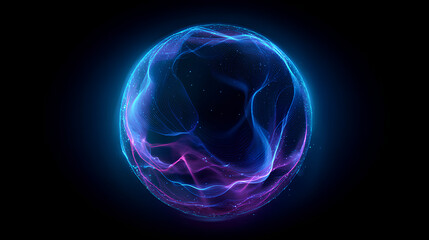 Wall Mural - Neon futuristic 3d sphere of blue and purple glowing digital waves and particles. Future technology concept, Artificial Intelligence, engineering, and science. Abstract energy orb. Data, innovations. 