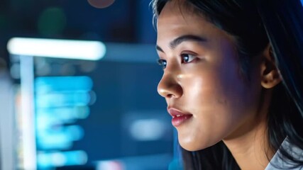 Asian Woman Innovator Coding on Computer Late Night at Workplace focused and dedication