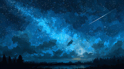 Wall Mural - starry sky background illustration, landscape, night sky, shooting star, meteor shower, watercolor, 